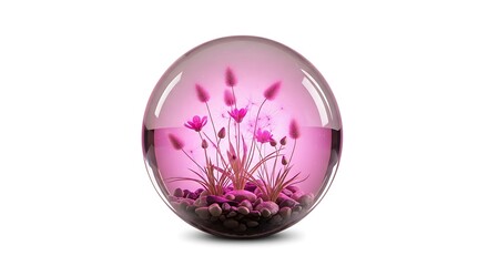 Pink flowers in a glass sphere with pebbles isolated on white background