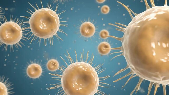 Microscopic View of Bacteria or Viruses with Spiky Protrusions on Blue Background microbe