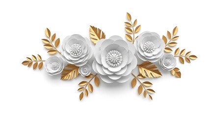 Elegant white paper flowers with golden leaves isolated on white background