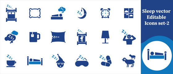 Sleep vector editable icon set, nutrition, pet, mattress, shelter, latex, hemp, pad, bedding, kitten, recycled, cushion, polyester, furniture, cat, fluffy, nap, pet, soft, mat, sleep and more