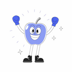 Smiling Blue Apple Cartoon Character with Boxing Gloves and Sparkles