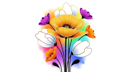 A colorful bouquet of stylized flowers with a watercolor effect