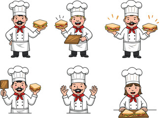Cartoon chefs with sandwiches, culinary character illustration, cooking food artwork, kitchen professional design, funny chef cartoon, restaurant meal preparation, tasty sandwich art