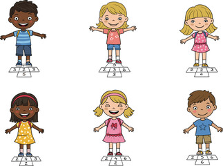 Cartoon children standing on hopscotch grids, colorful outfits, number patterns, isolated vector illustration for school, playground, education, activity, design