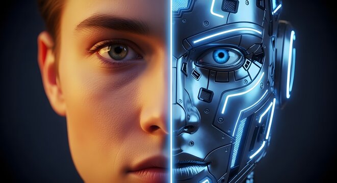 A striking close-up of a face split down the middle, half human and half glowing blue cybernetic robot, symbolizing the fusion of man and machine.
