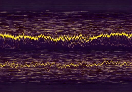 Abstract visualization of a glowing yellow digital audio waveform and its reflection on a dark purple textured background.