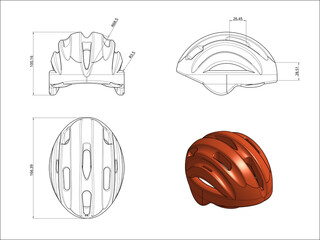 Orthographic projections of a bicycle helmet detail its safety features and ergonomic shape for cyclists