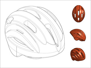 Detailed engineering drawings show 3D views of a modern bicycle helmet for product design visualization