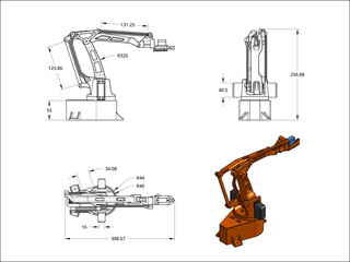 Orthographic projections of a 3 DOF robotic arm detail its mechanical components for manufacturing