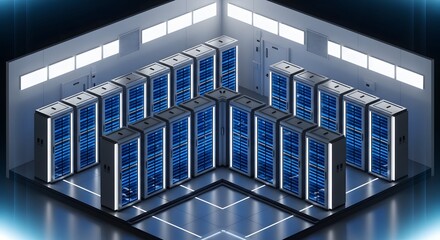 A modern data center with rows of server racks illuminated by blue light, representing advanced technology and computing infrastructure.