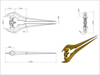 Orthographic projection engineering drawings of an Energy Sword detail its futuristic combat technology