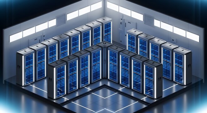 A modern data center with rows of server racks illuminated by blue light, representing advanced technology and computing infrastructure.