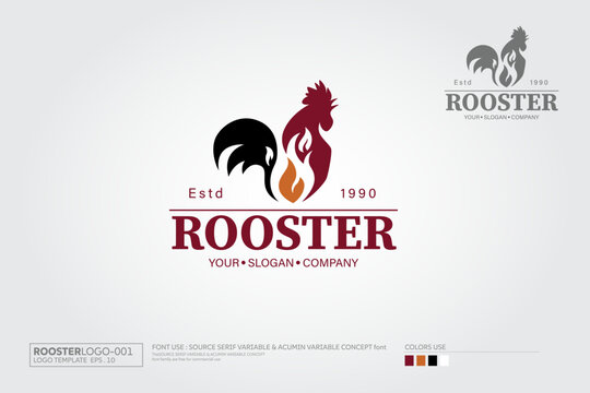 Rooster Logo Cartoon Character. This logo design for all creative business. Excellent Chicken and Poultry Farm logo template, organic, ecology and unique concept.