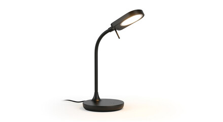 A modern black desk lamp with a flexible gooseneck and adjustable head, isolated on white background, providing focused illumination for reading or working