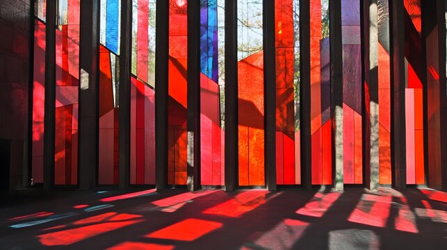Interior view of Rothko Chapel window with vibrant red colored light
