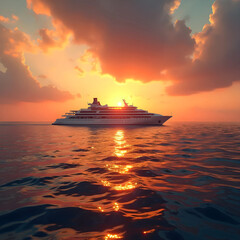Vector art of cruise ship sailing on ocean at sunset with dramatic sky and water reflection