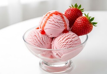 Delicious strawberry ice cream sundae topped with fresh berries and syrup