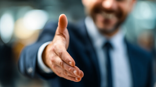 a smiling businessman offering a handshake