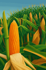 The image shows a close-up view of a cornfield under a clear blue sky. At the center, a golden-yellow ear of corn is prominently displayed with its husk partially peeled back, revealing the kernels. S