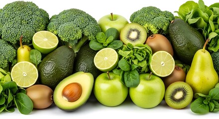 A vibrant assortment of fresh green fruits and vegetables isolated on white background