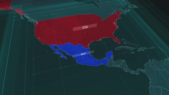 Zoom in to the map of United States of America and Mexico, with text and textless