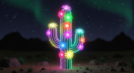 A vibrant neon cactus adorned with colorful lights stands out against a desert backdrop under a starry sky and aurora borealis, creating a surreal scene