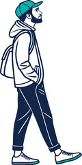 A man walks quietly with a winter coat, bag on his shoulders and a cape on his head neatly arranged  vector illustration