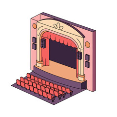 Theater stage with red seats and decorative curtains in isometric style  