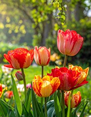 Obraz premium Colorful Variegated Tulips in a Sun-dappled Garden