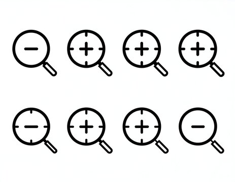 Set of nine simple magnifying glass icons, alternating between plus and minus signs within the circles - Powered by Adobe