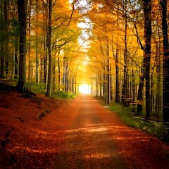 Autumn forest path leading toward bright sunlight