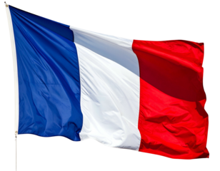 Waving rectangular cloth with vertical stripes of blue, white, and red