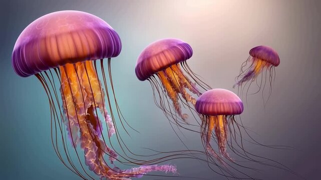 Stunning 3D render of vibrant jellyfish gracefully swimming in a serene underwater scene, showcasing their translucent bodies and flowing tentacles.