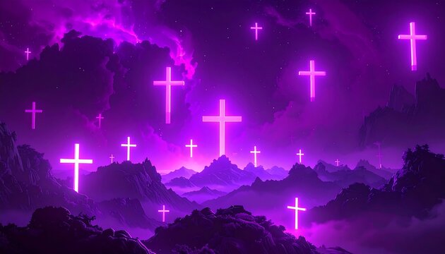 Neon Crosses in a Purple Landscape - A Spiritual Digital Art Piece.
