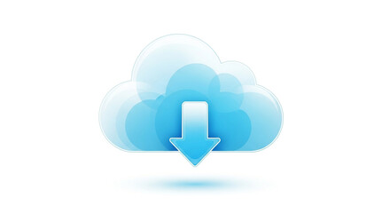 A stylized cloud with a downward arrow isolated on white background, representing downloading, data transfer, and cloud computing services