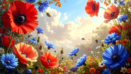 Colorful floral meadow with poppies and blue flowers under a cloudy sky