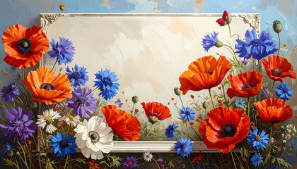 Colorful floral painting featuring poppies and other wildflowers within a picture frame