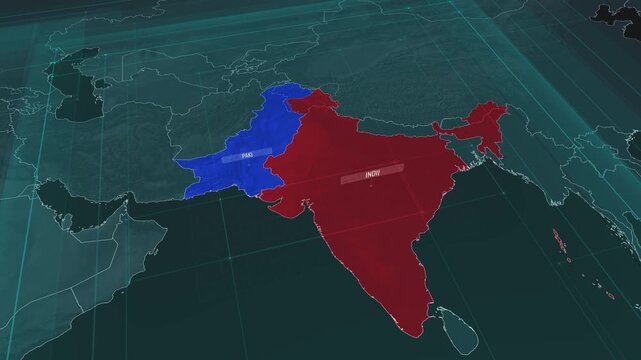 Zoom in to the map of India and Pakistan, with text and textless.