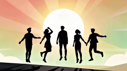 Silhouettes of people jumping for joy against the backdrop of a bright sky. The upward movement of the camera creates a sense of lightness and inspiration.