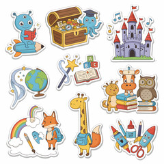 Fantasy school sticker set: alien reader, treasure chest, castle, globe, ABC blocks, rainbow, animals, and supplies&mdash;perfect for creative learning, classroom decor, and kids&rsquo; education packs.
