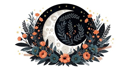 Whimsical crescent moon surrounded by floral and foliage elements, isolated on white background