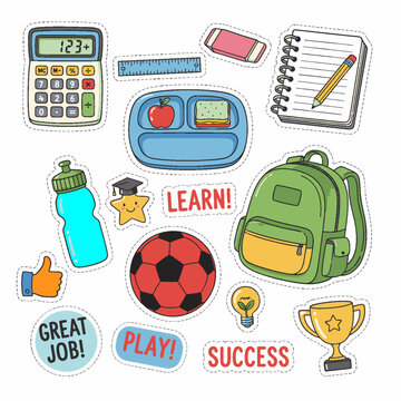 School sticker set: calculator, ruler, notebook, lunch tray, backpack, trophy, soccer ball, water bottle, and text like &ldquo;LEARN!&rdquo; and &ldquo;SUCCESS&rdquo;&mdash;great for kids&rsquo; rewards and classroom decor.