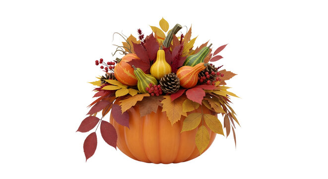 Decorative Autumn Pumpkin Centerpiece with Gourd Leaves and Berries for Fall Harvest Decor