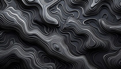Abstract Topographic Landscape with Dark Gray and Silver Lines.