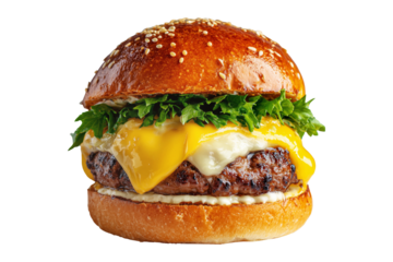 Australia Aussie crispy chicken burger with cheddar cheese, fries, lettuce, tomato, pickles and mayo on sesame bun, isolated on white transparent background