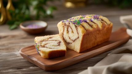 Slice of traditional Mardi Gras king cake loaf with colorful sprinkles and icing