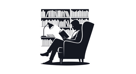 man silhouetted reading book in cozy armchair under warm lamp light