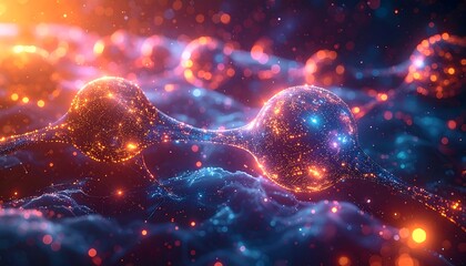 Digital depiction of glowing spheres connected in an abstract environment