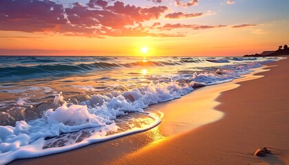 Fototapeta premium A captivating beach scene at dusk where the sun dips below the horizon, painting the sky with vibrant colors, waves rolling onto the shore