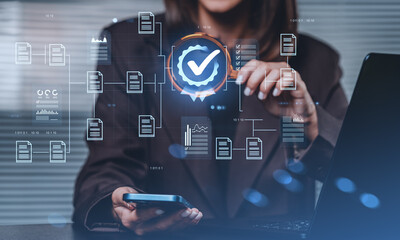 Businesswoman using digital interface with document icons and ch